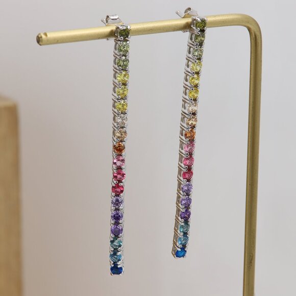Brilliant Long Earrings Sterling Silver 925 Multi color 3mm cz (2.25' inch long) - Picture 1 of 7